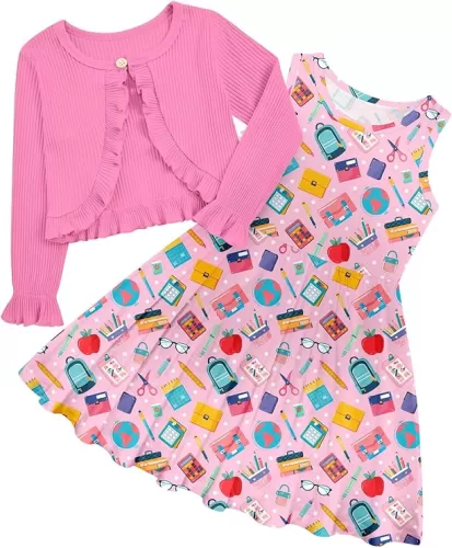 Toddler Girl Sleeveless Dresses and Long Sleeve Ruffle Cardigan 2 Piece Fall Outfits for 2-8T