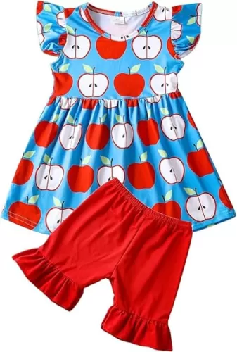 Toddler Girls Back to School Pencil Outfits Set Ruffle T-Shirt Dress and Pants Outfit Set 3-8Years