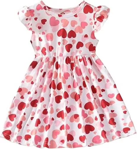 Toddler Girls Summer Dress Ruffle Sleeve Dinosaur Dress Valentines 4th of July Casual Party Cloths 2-8 Years