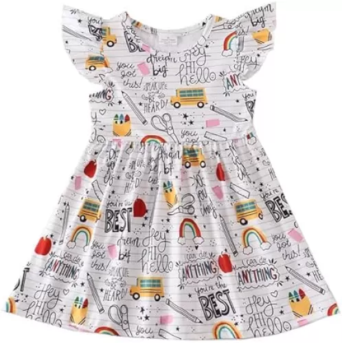 Toddler Little Girls Back to School Dresses -Apple, Pencils, Bookworm, School Bus，Glue, Tellurion, Blackboard Rainbow Dresses