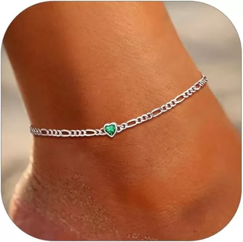 U7 SILVERCUTE Sterling Silver Anklets for Women, Large Heart/Round Birthstone Ankle Bracelet with Figaro Chain, Waterproof Summer Beach Foot Jewelry Length 8.5"-10.5"