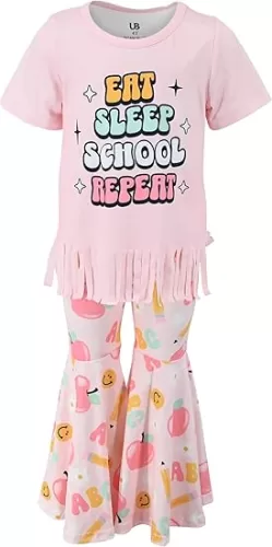 Unique Baby 2 Piece Girls Bell Bottom Leggings Outfit with Short Sleeved Shirt Kid and Toddler Clothes Set