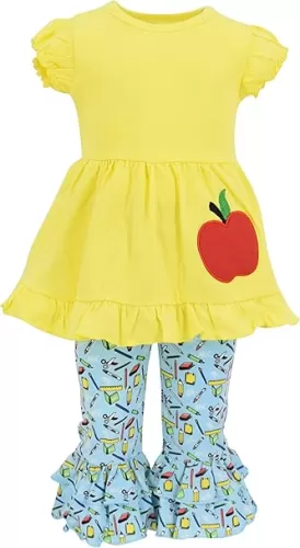 Unique Baby Girls Back to School Apple Embroidered 2 Piece Outfit