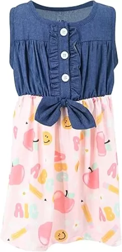 Unique Baby Girls Sleeveless Denim Dress with Knot Tie and Fun Print for Toddler and Big Kids