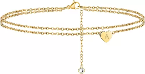 Ursteel Ankle Bracelets for Women, 14K Gold Plated Dainty Layered Heart Initial Anklets for Women Gifts