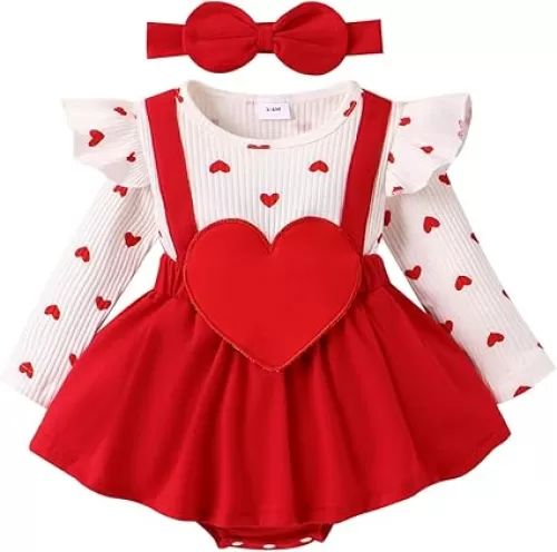 Valentine Baby Girl Outfit Heart Print Ribbed Long Sleeve Newborn Valentines day Romper Dress Headband Set