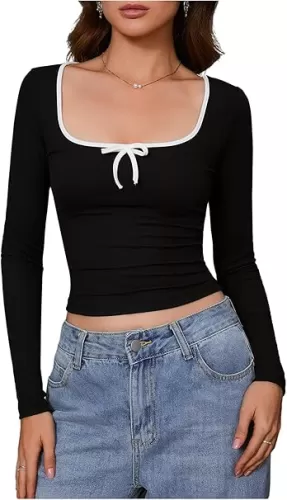 Verdusa Women's Color Block Scoop Neck Bow Decor Long Sleeve Casual T Shirts