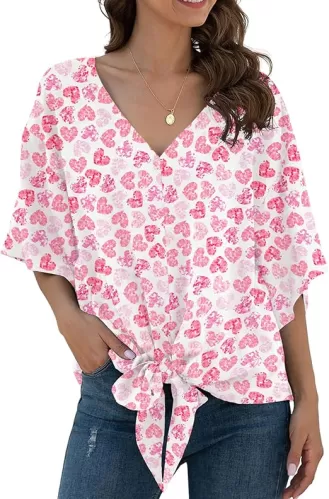 VIISHOW Womens Tie Front Chiffon Blouses V Neck Batwing Short Sleeve Summer Floral Tops Shirts