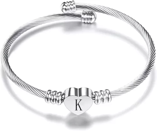 VQYSKO Silver Heart Initials Bracelet-A-Z Stainless Steel Engraved Charm Bracelet, Woman Jewelry Birthday Festival Gift