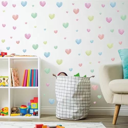 Watercolor Heart Wall Stickers, Colorful Heart Wall Decals, Easy to Peel and Stick Multicolor Heart Wall Decoration for Kids Bedroom Wallpapper Nursery Living Room Classroom Wall Décor