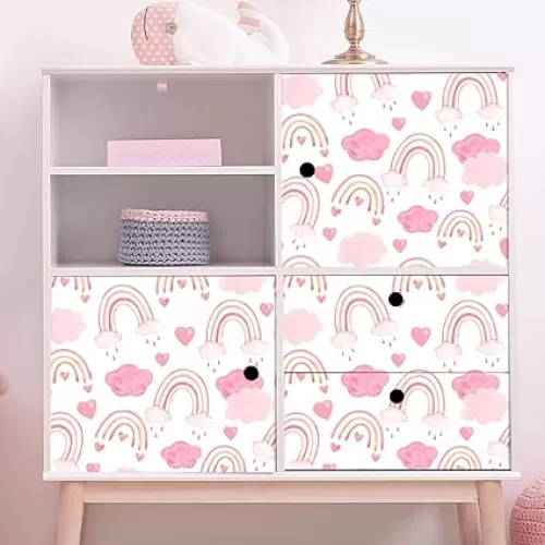 Watercolors Rainbow Peel and Stick Wallpaper Pink Removable Self-Adhesive Contact Paper Baby Girls Bedroom Wall Paper Art Mural Cabinets Vinyl Film Decorative Heart Covering Decals 15.7x62.9 in