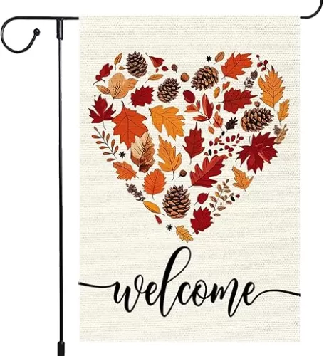Welcome Love Heart Garden Flag, Fall Maple Leaf Garden Flags 12x18 Inch Double Sided Burlap Autumn Small Pinecone Hazelnut Villa Decor Farmhouse Yard Thanksgiving Decoration
