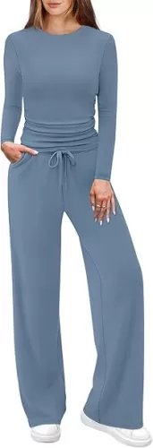 WIHOLL Lounge Sets for Women 2 Piece Vacation Outfits Long Sleeve Tops with Side Ruched Wide Leg Pants Matching Sets