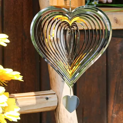 Wind Spinners Outdoor, Garden Decor, Bird Deterrents for Outside, 3D Metal Yard Decorations for Patio & Porch, Unique Gardening Gifts for Women & Moms - 8in Silver Heart