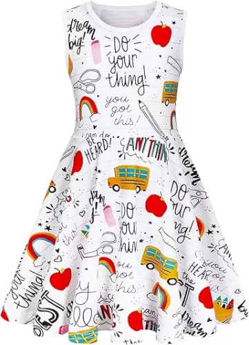 WonderBabe Back to School Dress Girls Summer Sleeveless Casual A-line Midi Dress Toddle Girls First Day of School 0utfit