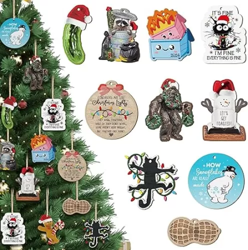 Wonderjune 24 Pcs Funny Christmas Ornaments Hanging Weird Christmas Ornaments Decor for Tree Wooden Gingerbread Raccoon Snowman Stocking Stuffers for Christmas Holiday Gift Crafts, 12 Styles