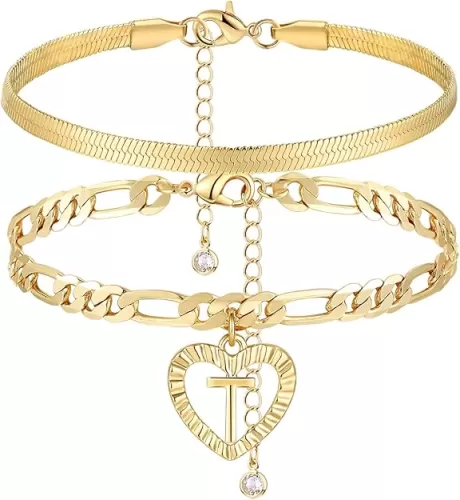 YANODA Gold Ankle Bracelets for Women Waterproof, 14k Gold Plated Layered Snake Anklets Figaro Chain Letter Initial Anklets Handmade Heart Ankle Bracelets Personalized for Women Beach Jewelry Gifts