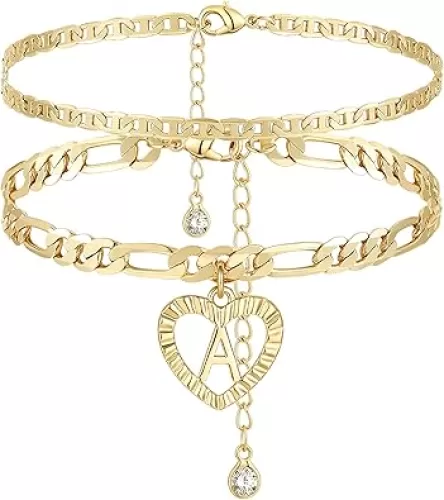 YANODA Initial Ankle Bracelets for Women 14K Gold Plated Layered Figaro Chain Letter Initial Anklets Handmade Layered Heart Ankle Bracelets Personalized Jewelry for Women