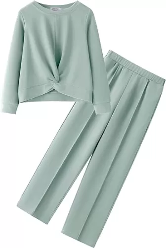 Yekaty Girls Clothes Long Sleeve Twist Front Shirts and Wide Leg Pants Sweatsuits 2 Piece Fall Outfits Set