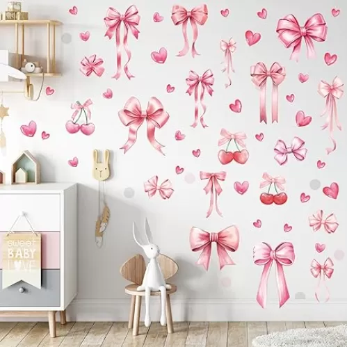 Yinder 12 Sheets Coquette Pink Bow Stickers Y2k Aesthetic Wall Stickers Preppy Pink Bow Heart Cherry Wall Decals Peel and Stick for Bedroom Dresser Playroom Windows Decals Background Decor Home Party