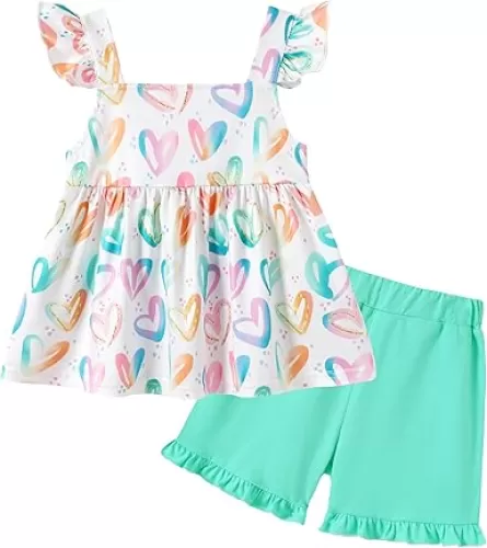 YUEMION Toddler Girl Clothes, 2Pcs Baby Girl Summer Outfits Ruffle Sleeveless Shirts Floral Tops + Shorts Clothing Set 1-5T