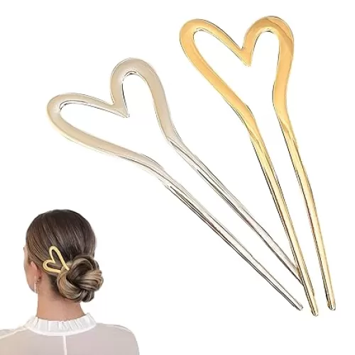 2-Pack Gold Metal U-Shaped Heart Hair Sticks, Hairpins, and Elegant Hair Accessories for Women and Girls