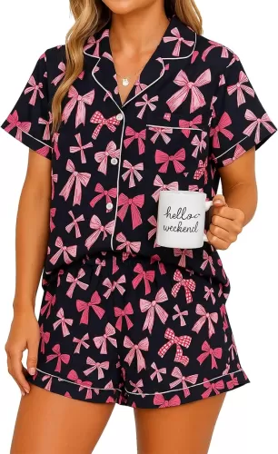 2 Piece Bow Pajamas for Women Bow Short Sleeve Sleepwear Cute Pjs with Gift Bag for Galentine