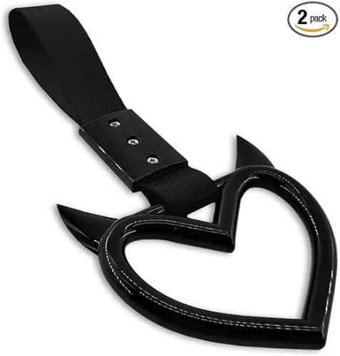 2PCS Heart shaped Car Handle Straps, Heart Car Accessories, Ring Hearts Shaped Cars Hand Strap Drift Charm, Universal Handle Keychains Accessory Suitable for Cars Bus (Black+balck)