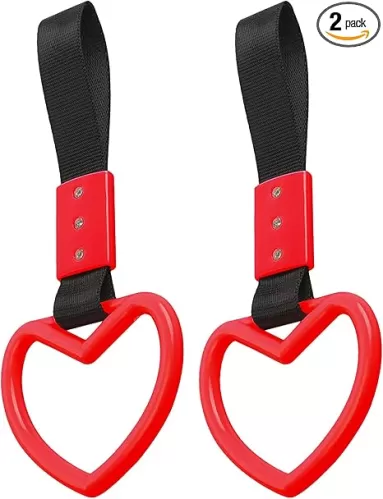 2PCS Heart Shaped Car Handle Straps, Rear Bumper Warning Keychain Ring Charm for Car Exterior Accessories (Red)