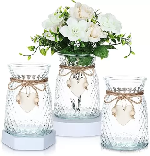 3 Pcs Glass Bud Vases with Twine Rope and Heart Label 6.3 Inch Boho Vintage Vase Flower Decorative Glass Vase for Centerpieces Holiday Wedding Home Table Decorations (Clear)