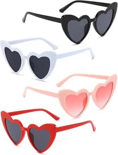 4 Pack Valentines Heart Shaped Sunglasses - Trendy Cat Eye Love Glasses, Vintage Retro Sunglasses for Women