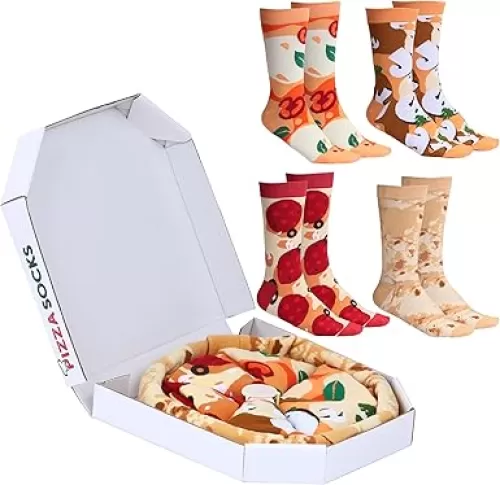 4 Pairs Pizza Socks in a Box with 2 or 4 Designs - One Size Fits Most.Novelty Socks. Father