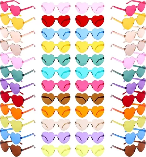 48 Pack Heart Shaped Sunglasses 12 Colors Unbreakable PC UV400 Protection, Trendy Rimless Glasses for Women Men Kids, Bulk Party Accessories for Beach Vacation Birthday Photo Props