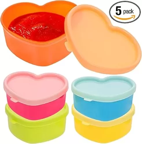 5 Pcs Heart Shaped Valentines Container, Condiment Containers with Lids for Lunch Box, Mini Salad Dressing Container To Go Small Sauce Cups Reusable Leakproof Dip Containers for Bento Accessories
