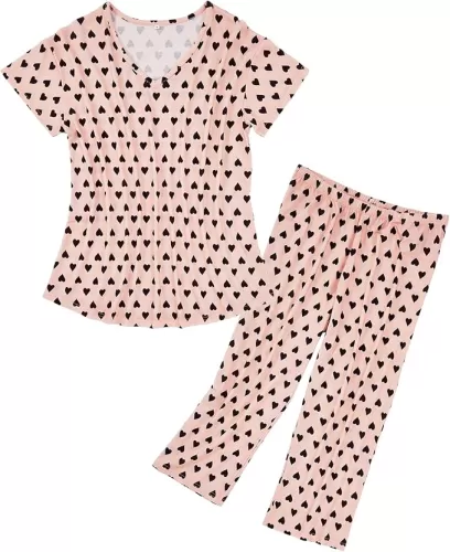 American Trends Womens Pajama Sets Two Piece Sleep Shirt Short Sleeve Cartoon Print Pj Set Tops with Capri Pants Sleepwear