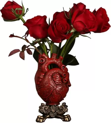 Anatomical Resin Heart Vase - Flower Pot, Blood Red with Gold Base - 5.12 * 8.27inches (Red+Gold) for Bedroom, Living Room, Lobby, Gothic Desktop