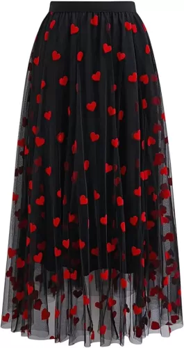 CHICWISH Women Valentines 3D Red Heart Print Mesh Tulle Midi Skirt Elastic High Waist A-Line Cute Flowy Holiday Skirt
