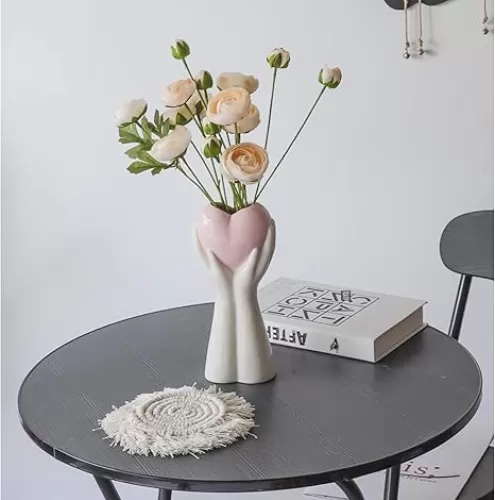 Creative Hand Holding Heart Vase, 9'' H White Ceramic Vase, Modern Art Body Vase, Flower Vase for Wedding Home Decor, Shelf Decor Accents, Farmhouse Table Decor (Pink Heart)