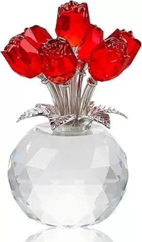 Crystal Red Rose Bouquet Figurine with Round Vase, Glass Rose Flower Romantic Gifts for Women Mom on Birthday, Collectible Decoration Table Centerpiece for Home