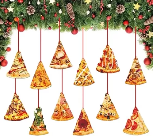 D4DREAM Pizza Christmas Ornament - 12Pcs Wooden Pizza Slice Food Ornaments for Christmas Tree Decorations Funny Food Xmas Gifts for Kids Women