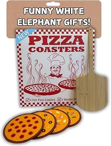 Dad Gifts for Fathers Day - Set of 4 Felt Pizza Drink Coasters with Mini Wooden Paddle Holder - Stocking Stuffers, Gifts for Dad, House Warming Gifts New Home, Home Decor, Cool Stuff, Funny Gifts