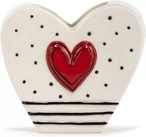 Demdaco Decorative Tabletop Flower Vase, 4 Inch Ceramic Stoneware, Dots and Stripes Heart