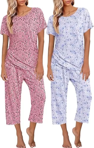 Ekouaer 2 Pack: Womens Pajamas Short Sleeve Sleepwear Tops and Capri Pants Pjs Print Pajama Sets