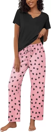 Ekouaer 2 Piece Womens Pajamas V Neck Short Sleeve Top and Long Pants Pjs Print Lounge Set Sleepwear