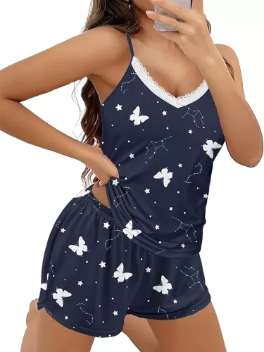 Ekouaer Pajama Sets for Women 2 Piece Soft Lingerie Sleepwear Cute Print Cami Pj Shorts Set Lace Nightwear