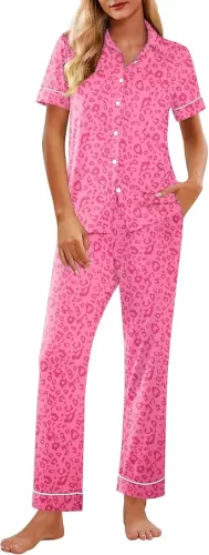 Ekouaer Women 2 Piece Pajamas Set Button Down Short Sleeve Pjs Set Soft Lounge Set with Long Pants S-XXL