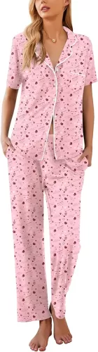 Ekouaer Women Pajamas Set Button Down Sleepwear Short Sleeve Nightwear with Long Pants Soft Pjs Set S-XXL