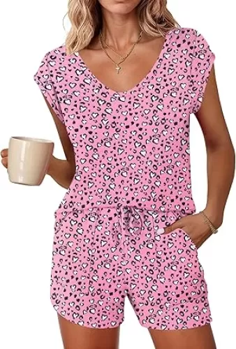 Ekouaer Womens Pajama Sets 2 Piece Lounge Sets Comfy Short Sleeve Tops and Shorts Cute Pjs Outfits Set S-XXL