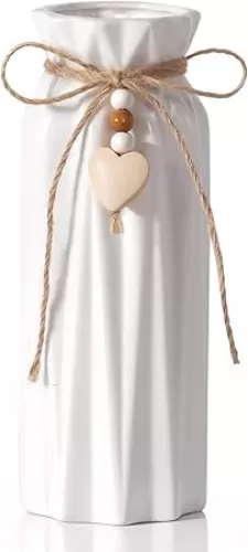 Elegant 8 Inch Ceramic Vase with Geometric Pattern, Decorative Vase with Jute Rope & Heart Charm for Home Décor, Table Centerpieces, and Gifts, Ideal for Living Room, Bedroom, and Office