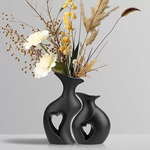 Heart Ceramic Vase Set of 2, Black Flower Vases for Lovers, Modern Minimalist Vases for Home Decor or Gift